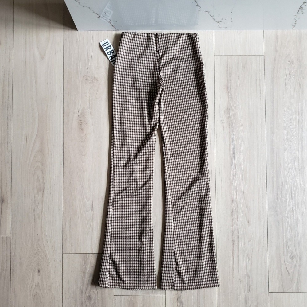UO Pants Womens XS Brown Seersucker Flare Pant by Silence Noice Coffee Check